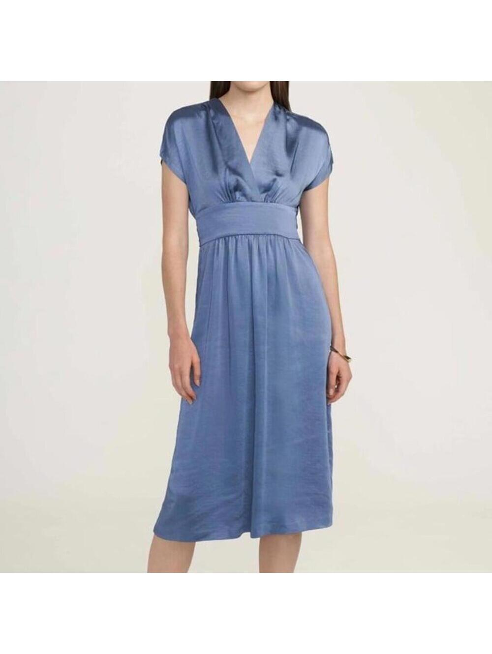 Anne Klein Blue Jay Washed Satin V-Neck Midi Dress Size 12 — NWT (Seam Flaw)